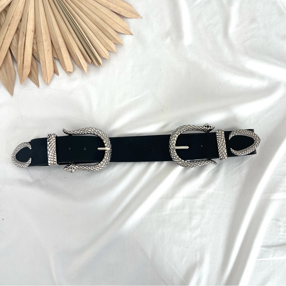 Fashion Nova Snake Reputation Black Silver Wide Faux Leather Double Buckle Belt - Picture 2 of 7